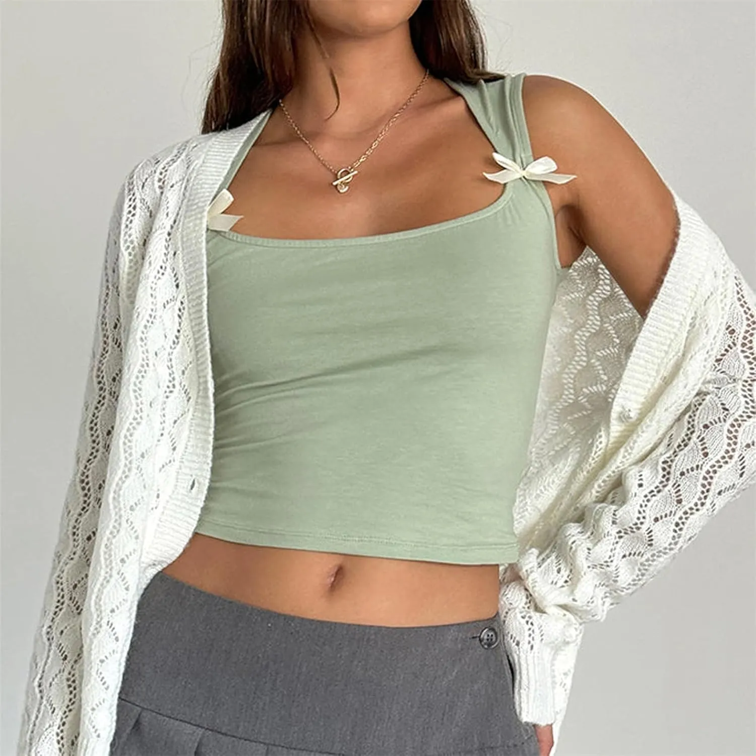 Women Y2K Bow Tank Top Sleeveless Bow Tie Shoulder Cami Crop Top Fairy Grunge Ribbon Camisole Going Out Streetwear