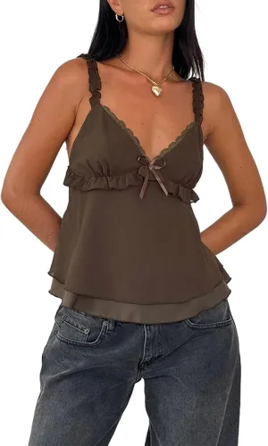Women Y2k Crop Cami Top Lace Trim Ruffle Hem V Neck Chiffon Tank Top Spaghetti Strap Going Out Babydoll Camisoles