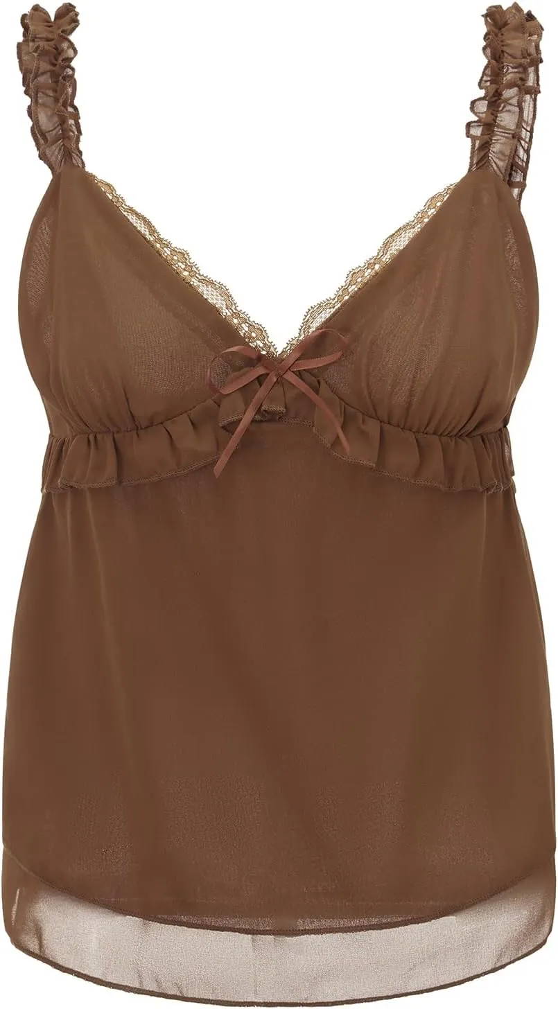 Women Y2k Crop Cami Top Lace Trim Ruffle Hem V Neck Chiffon Tank Top Spaghetti Strap Going Out Babydoll Camisoles
