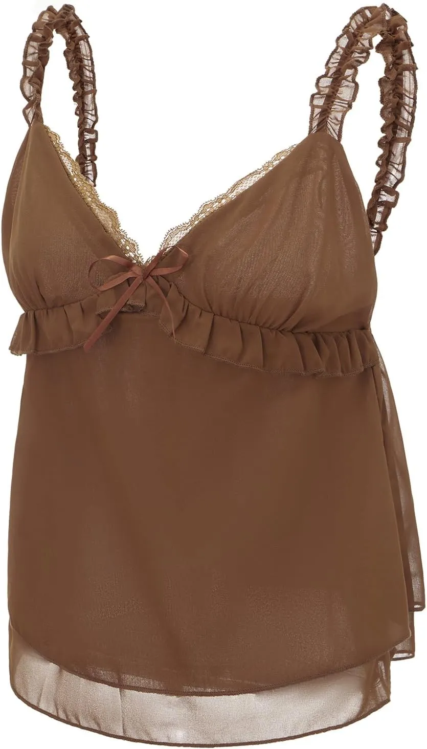 Women Y2k Crop Cami Top Lace Trim Ruffle Hem V Neck Chiffon Tank Top Spaghetti Strap Going Out Babydoll Camisoles