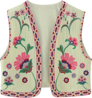 Women Y2k Embroidered Floral Vest Top Sleeveless Open Front Boho Cropped Vest Blouse Vintage Flower Waistcoat Jacket
