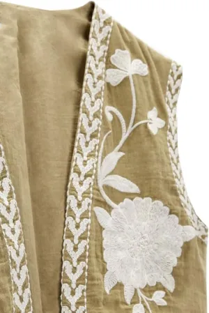 Women Y2k Embroidered Floral Vest Top Sleeveless Open Front Boho Cropped Vest Blouse Vintage Flower Waistcoat Jacket