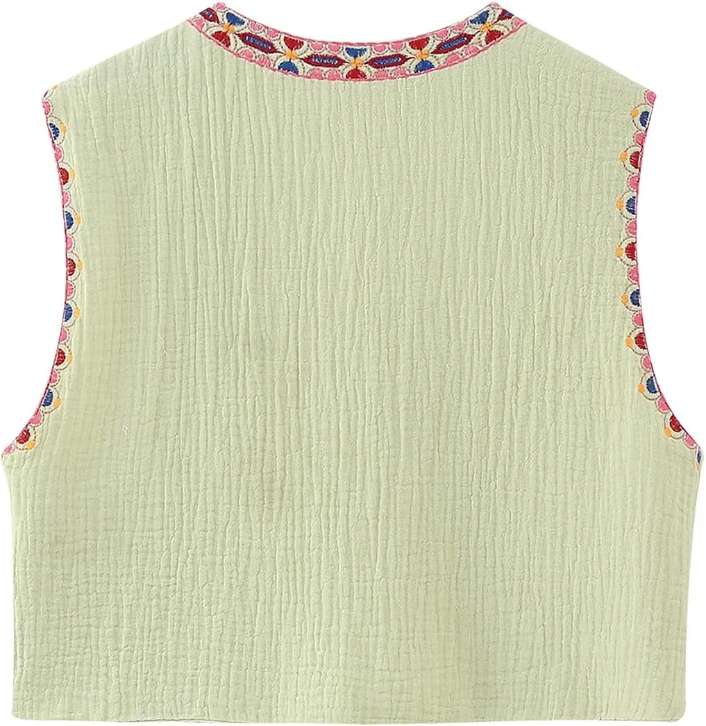 Women Y2k Embroidered Floral Vest Top Sleeveless Open Front Boho Cropped Vest Blouse Vintage Flower Waistcoat Jacket