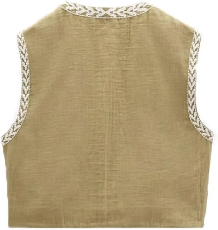 Women Y2k Embroidered Floral Vest Top Sleeveless Open Front Boho Cropped Vest Blouse Vintage Flower Waistcoat Jacket
