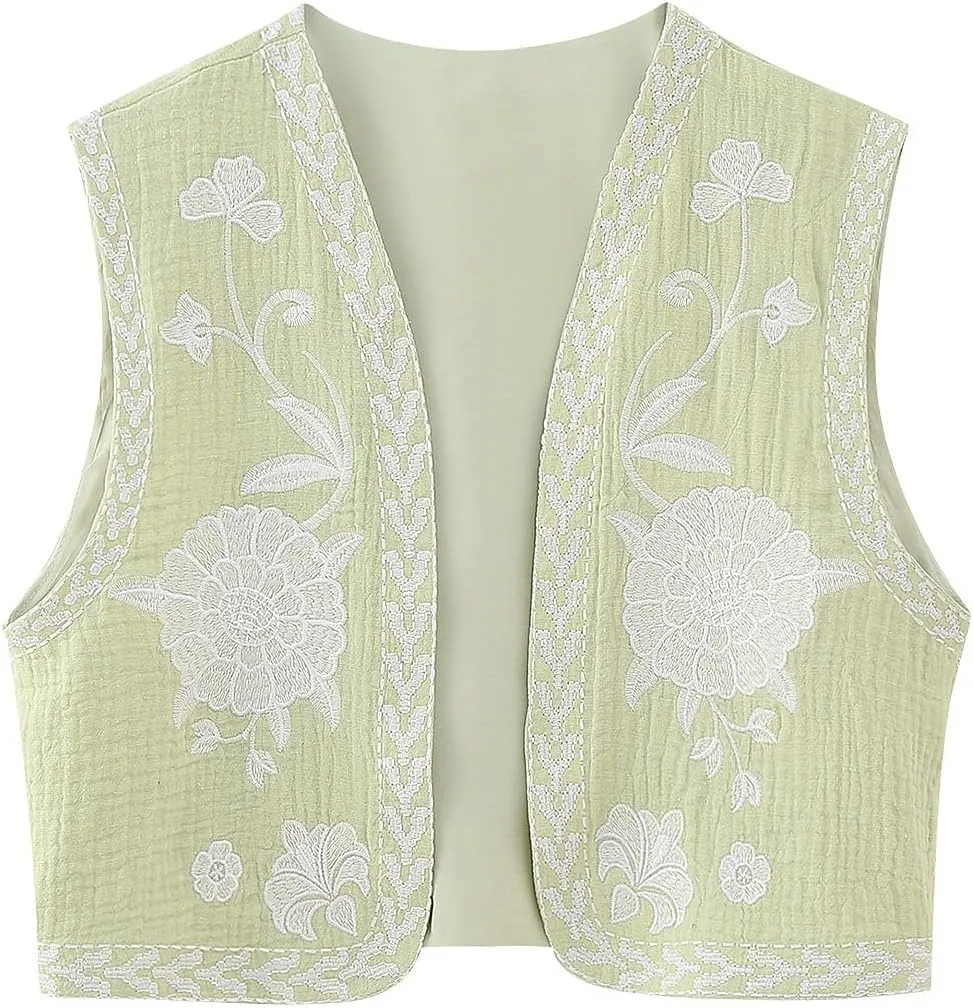 Women Y2k Embroidered Floral Vest Top Sleeveless Open Front Boho Cropped Vest Blouse Vintage Flower Waistcoat Jacket