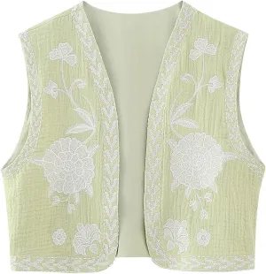 Women Y2k Embroidered Floral Vest Top Sleeveless Open Front Boho Cropped Vest Blouse Vintage Flower Waistcoat Jacket