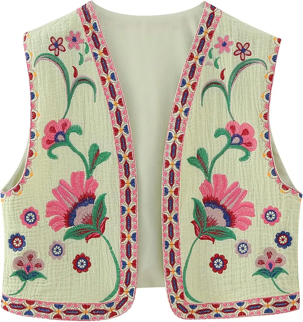 Women Y2k Embroidered Floral Vest Top Sleeveless Open Front Boho Cropped Vest Blouse Vintage Flower Waistcoat Jacket