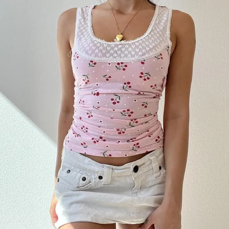 Women Y2k Floral Print Tank Top Sexy Fairy Grunge Spaghetti Strap Cami Vintage Backless Tank Top Camisole Going Out Tops