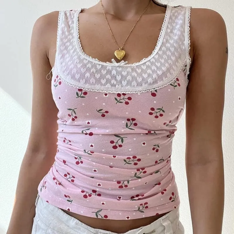Women Y2k Floral Print Tank Top Sexy Fairy Grunge Spaghetti Strap Cami Vintage Backless Tank Top Camisole Going Out Tops