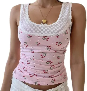 Women Y2k Floral Print Tank Top Sexy Fairy Grunge Spaghetti Strap Cami Vintage Backless Tank Top Camisole Going Out Tops