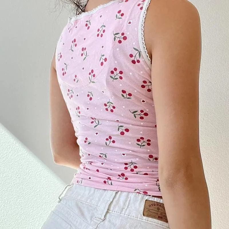 Women Y2k Floral Print Tank Top Sexy Fairy Grunge Spaghetti Strap Cami Vintage Backless Tank Top Camisole Going Out Tops