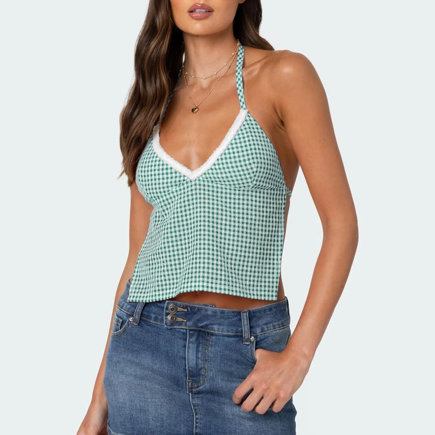Women Y2k Gingham Crop Camisole Spaghetti Strap Lace Trim V Neck Crop Tank Top Open Back Tie Up Cami Top
