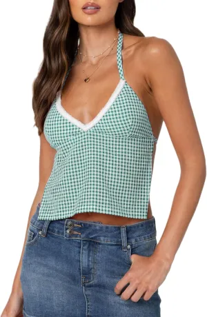 Women Y2k Gingham Crop Camisole Spaghetti Strap Lace Trim V Neck Crop Tank Top Open Back Tie Up Cami Top