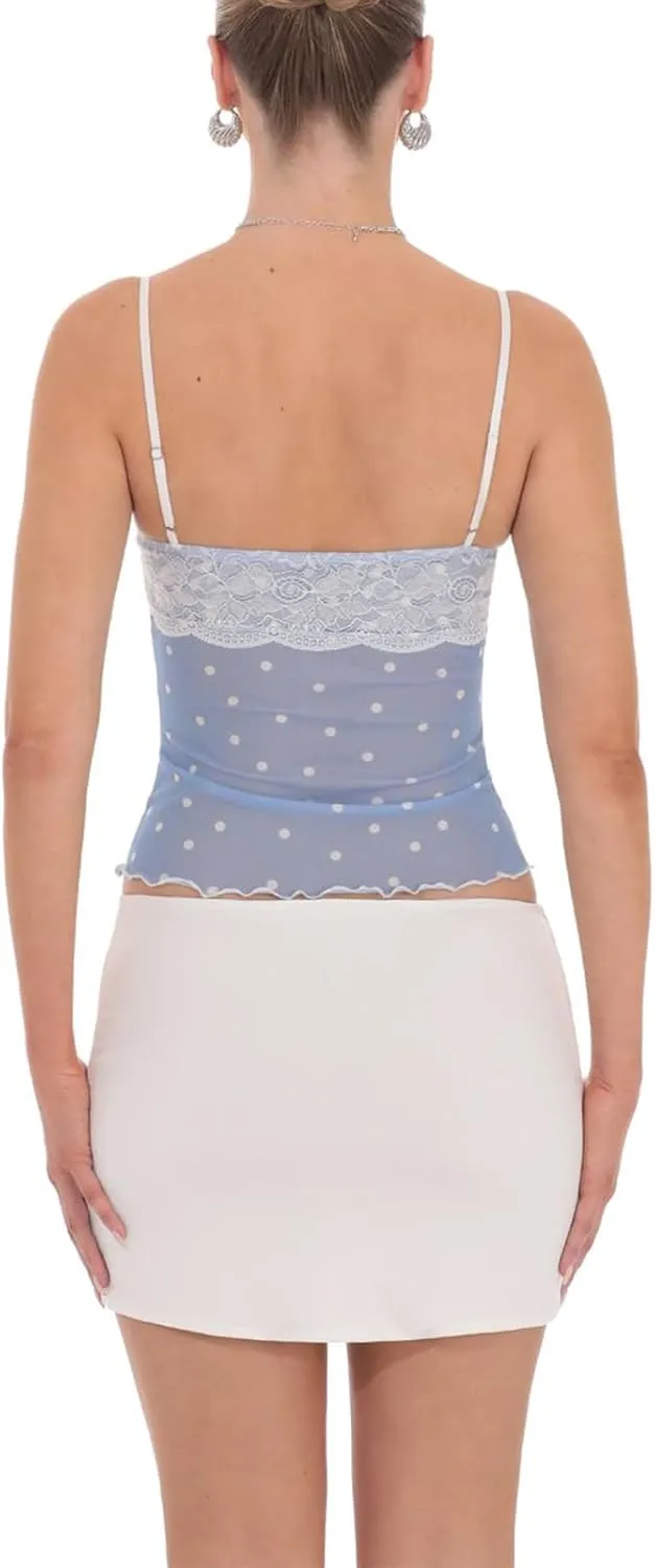 Women Y2K Lace Floral Camisole Sleeveless Spaghetti Strap Slim Fit Crop Top Aesthetic Lace Trim Ruffle Hem Tank Top