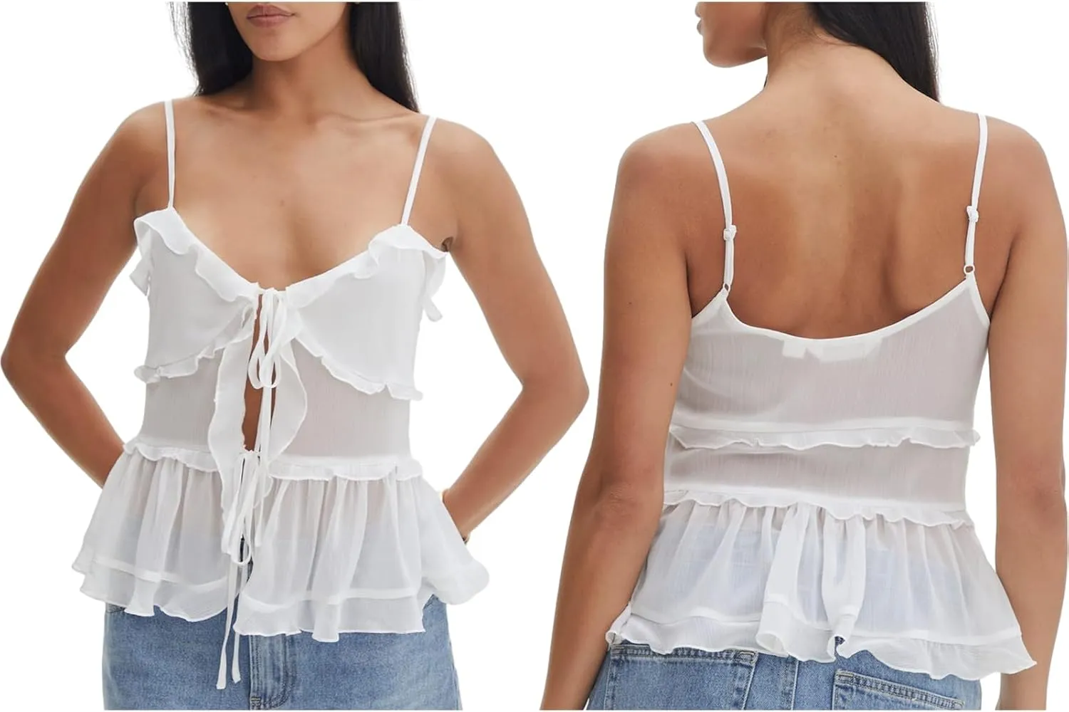 Women Y2K Ruffle Trim Cami Top Sexy Solid Color Sheer Mesh See Through Pleated Tank Top Summer Tie Front Camisole