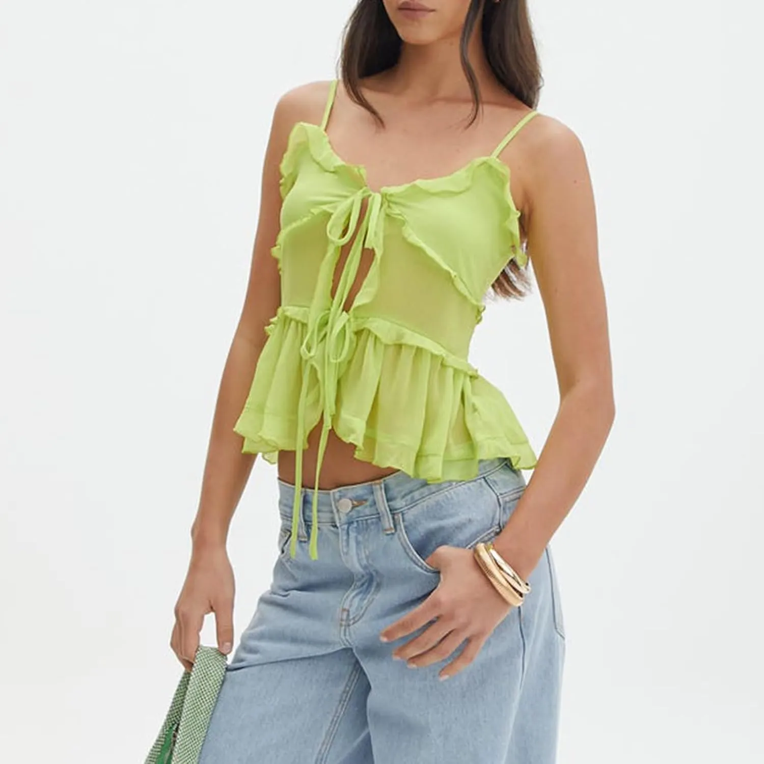 Women Y2K Ruffle Trim Cami Top Sexy Solid Color Sheer Mesh See Through Pleated Tank Top Summer Tie Front Camisole