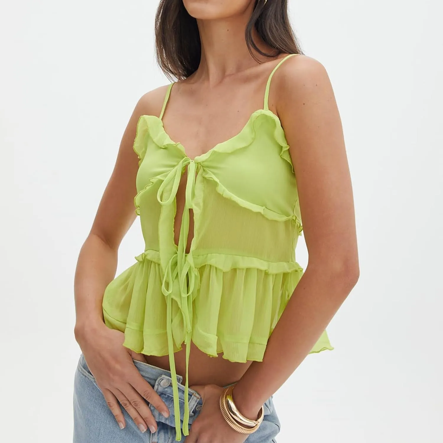 Women Y2K Ruffle Trim Cami Top Sexy Solid Color Sheer Mesh See Through Pleated Tank Top Summer Tie Front Camisole