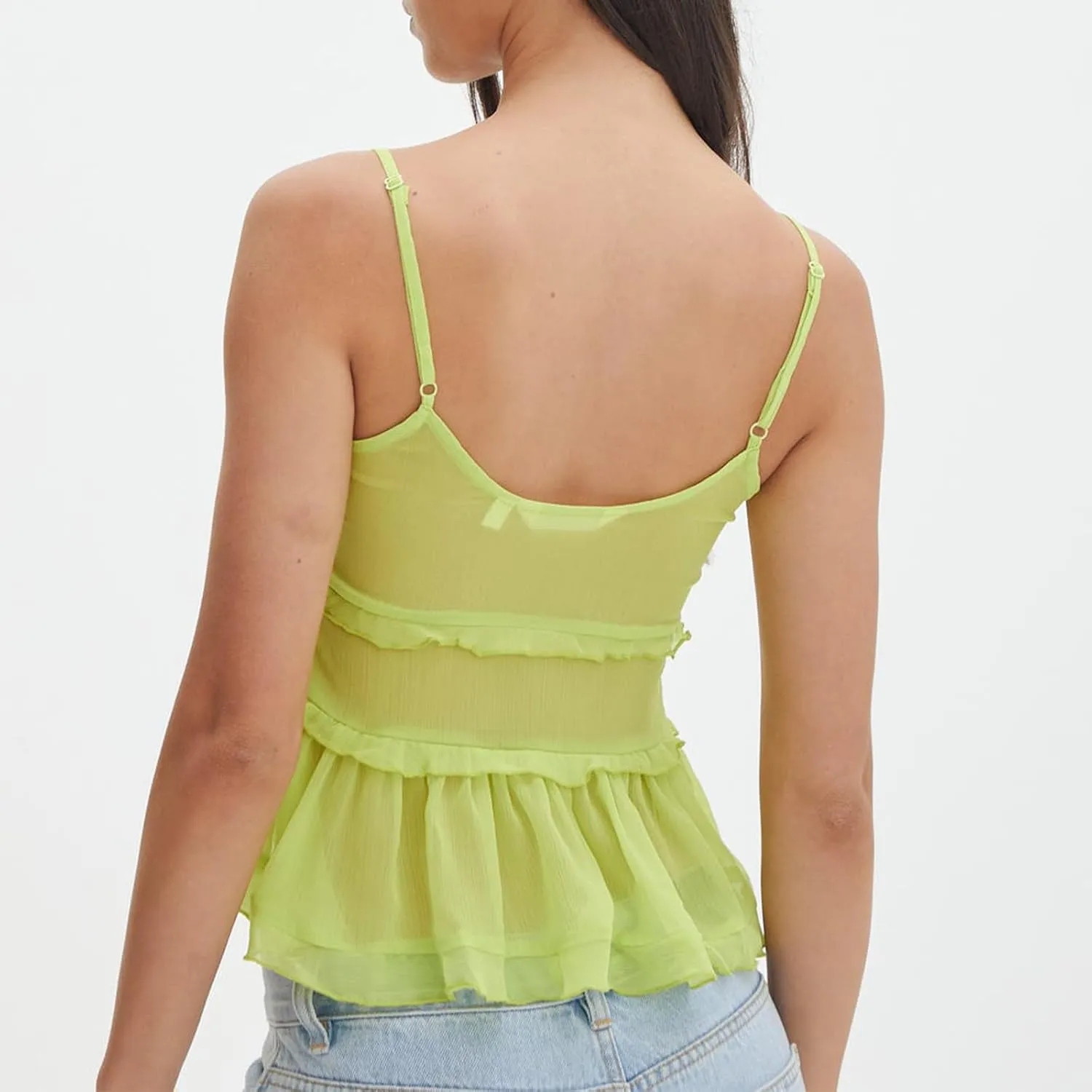 Women Y2K Ruffle Trim Cami Top Sexy Solid Color Sheer Mesh See Through Pleated Tank Top Summer Tie Front Camisole