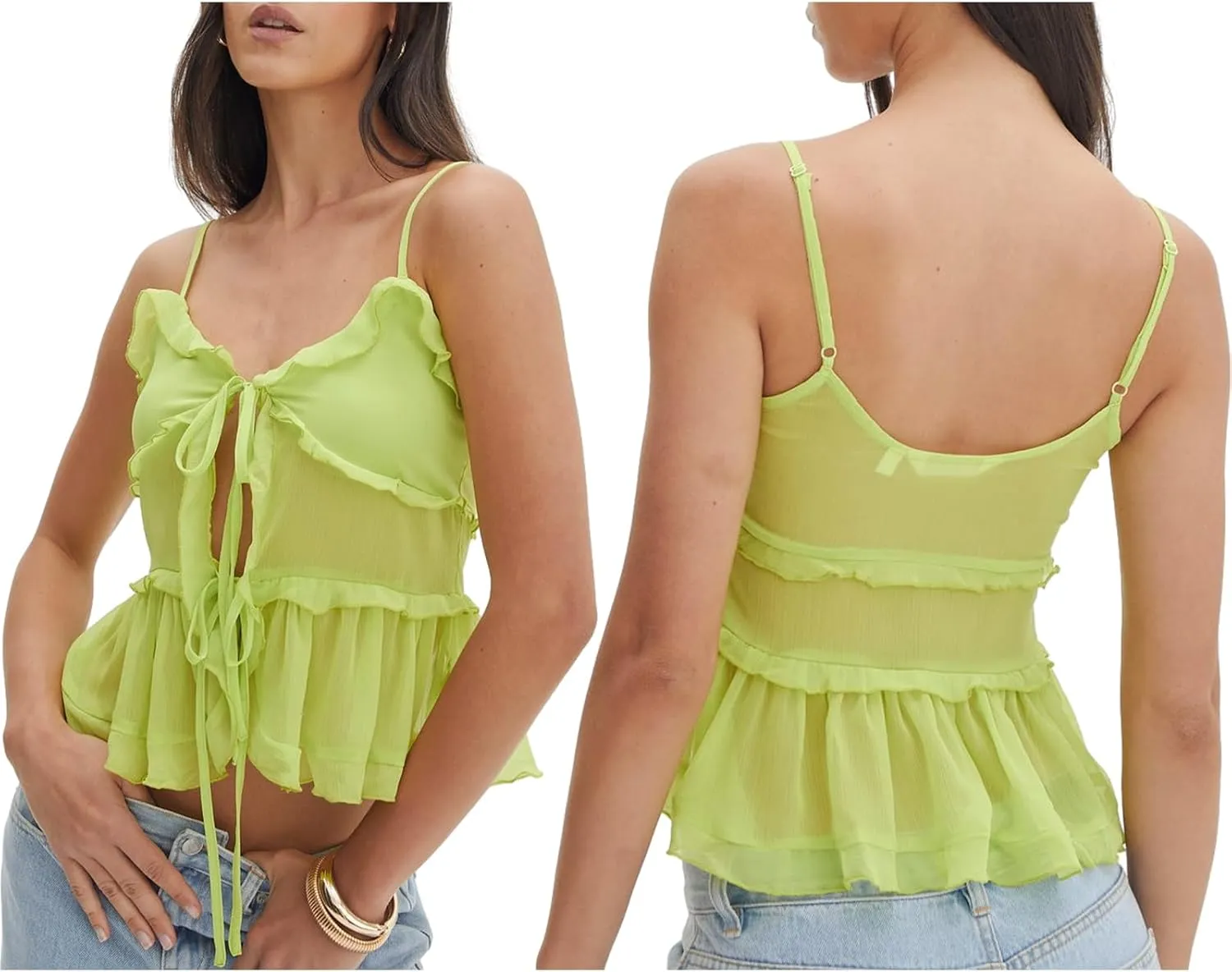 Women Y2K Ruffle Trim Cami Top Sexy Solid Color Sheer Mesh See Through Pleated Tank Top Summer Tie Front Camisole