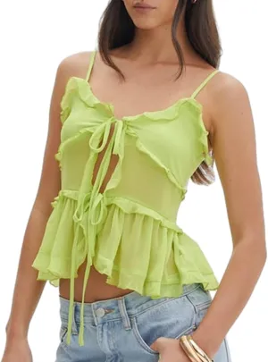 Women Y2K Ruffle Trim Cami Top Sexy Solid Color Sheer Mesh See Through Pleated Tank Top Summer Tie Front Camisole