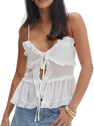 Women Y2K Ruffle Trim Cami Top Sexy Solid Color Sheer Mesh See Through Pleated Tank Top Summer Tie Front Camisole
