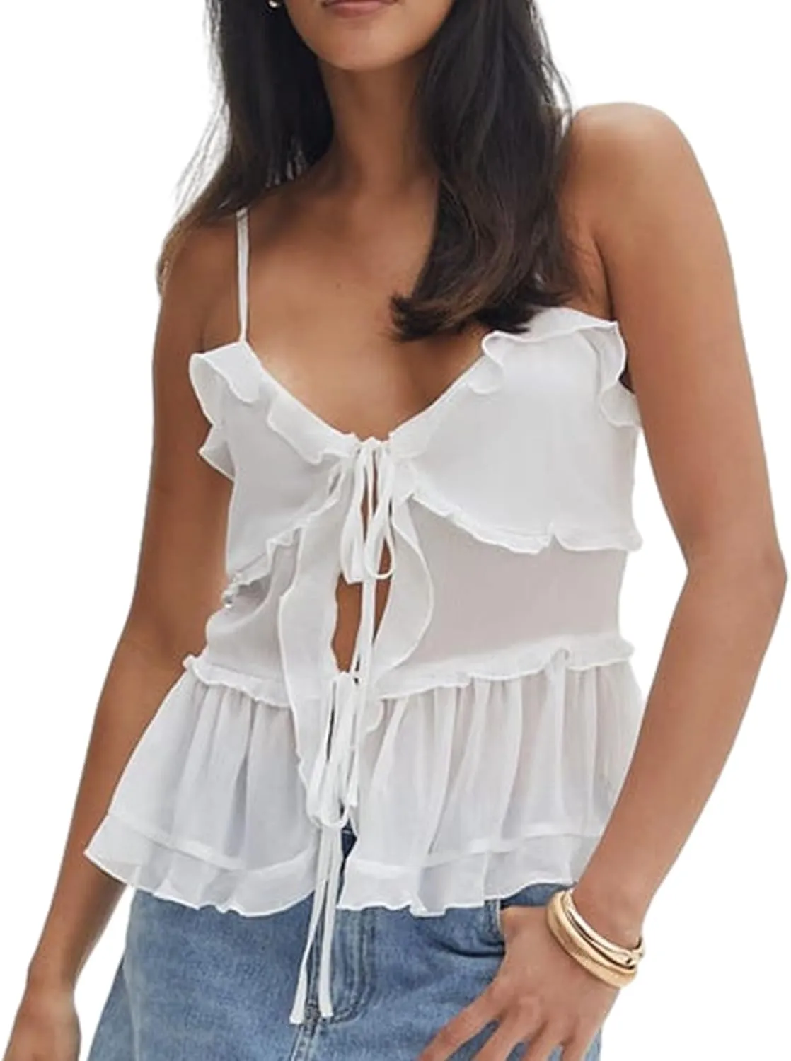 Women Y2K Ruffle Trim Cami Top Sexy Solid Color Sheer Mesh See Through Pleated Tank Top Summer Tie Front Camisole