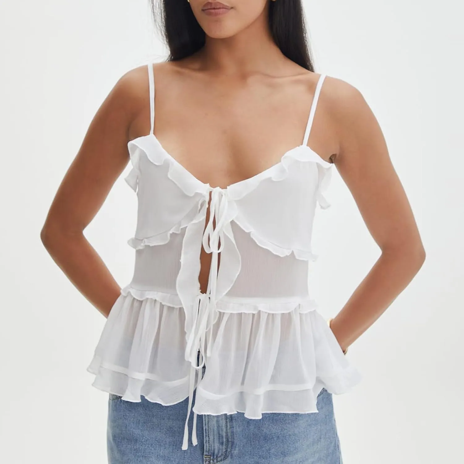 Women Y2K Ruffle Trim Cami Top Sexy Solid Color Sheer Mesh See Through Pleated Tank Top Summer Tie Front Camisole