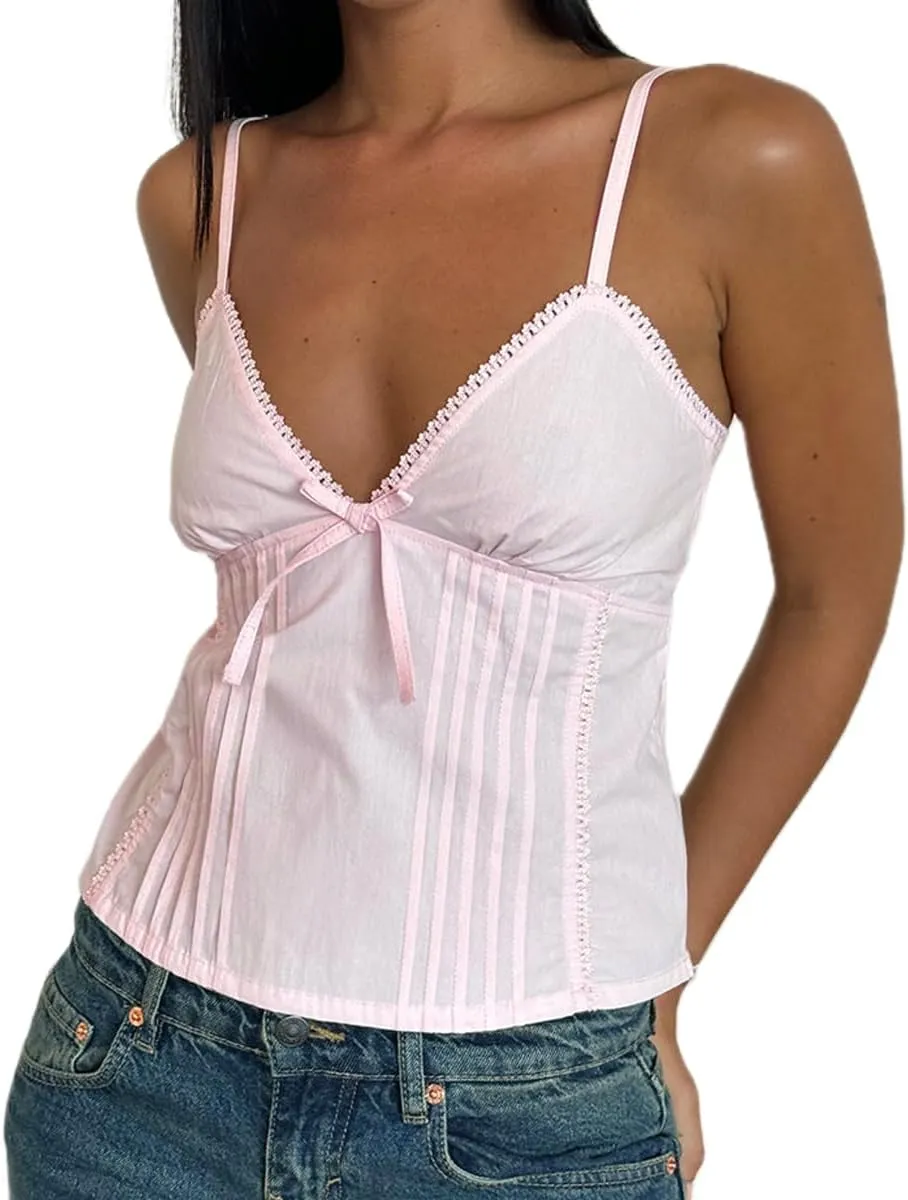 Women Y2K Vintage Cami Tank Top 00s Aesthetic Spaghetti Strap V Neck Crop Top Cottage Camisole Fairy Coquette Vest