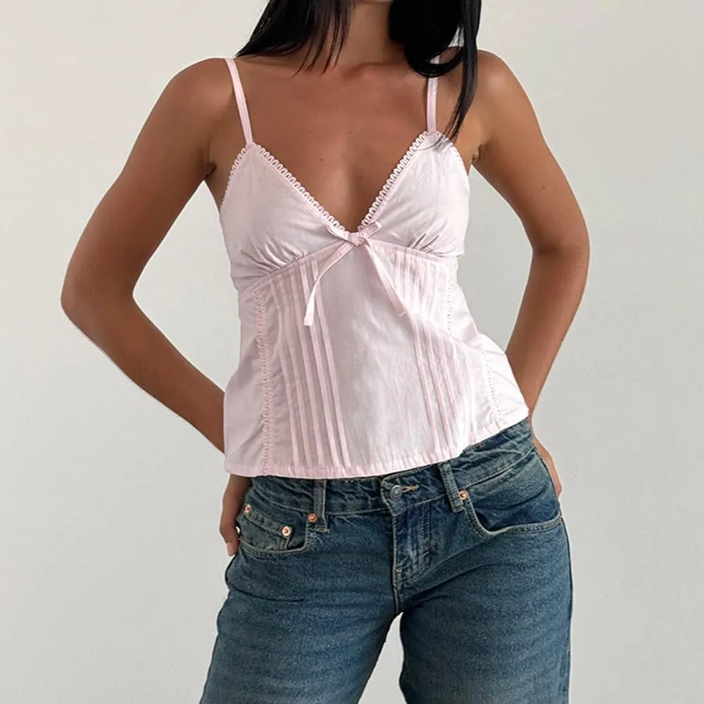 Women Y2K Vintage Cami Tank Top 00s Aesthetic Spaghetti Strap V Neck Crop Top Cottage Camisole Fairy Coquette Vest