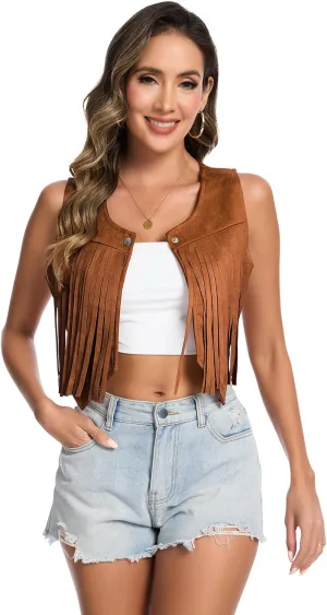 Women's 70s Hippie Vest Disco Outfits Fringe Vest 60s Faux Suede Sleeveless Tassel Cowgirl Jacket Party Halloween