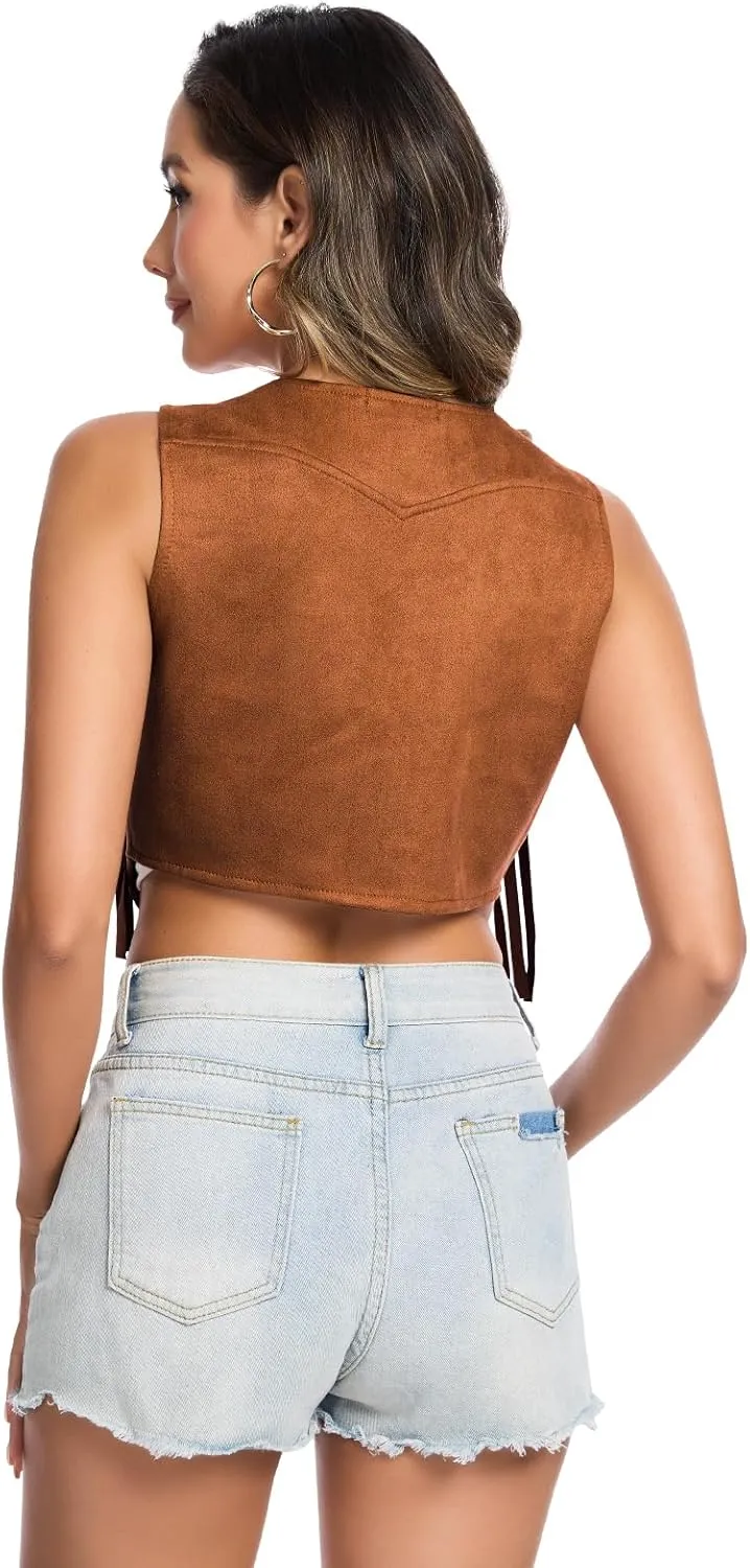 Women's 70s Hippie Vest Disco Outfits Fringe Vest 60s Faux Suede Sleeveless Tassel Cowgirl Jacket Party Halloween