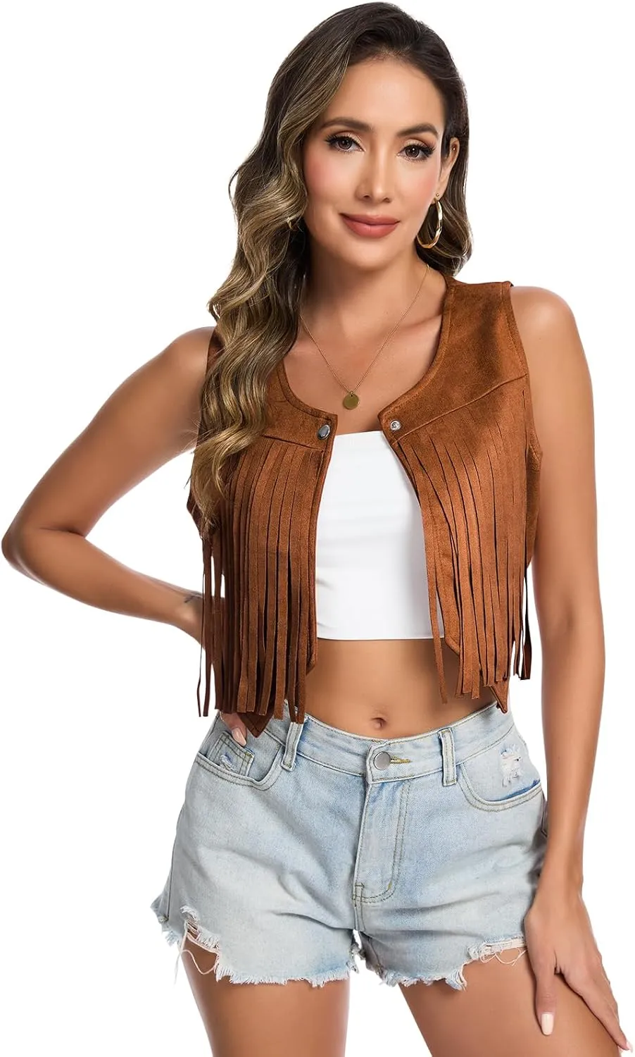 Women's 70s Hippie Vest Disco Outfits Fringe Vest 60s Faux Suede Sleeveless Tassel Cowgirl Jacket Party Halloween