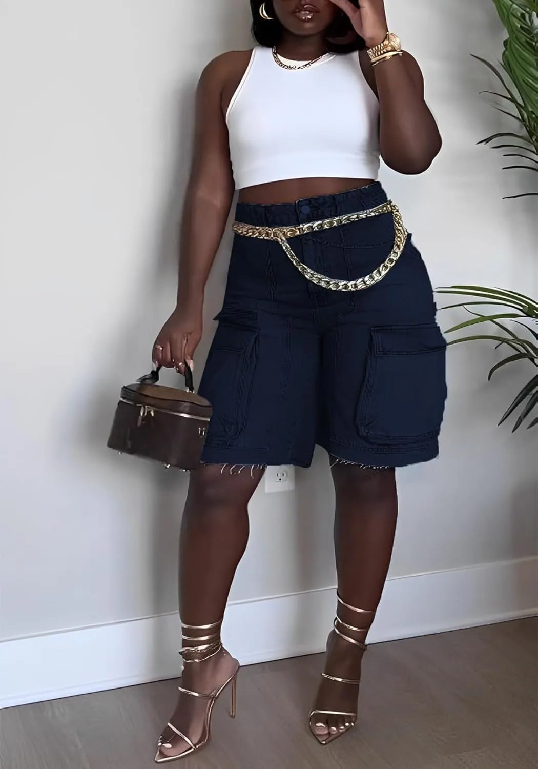 Womens Bermuda Cargo Jean Shorts High Waisted Pockets Ripped Raw Hem Street Denim Shorts