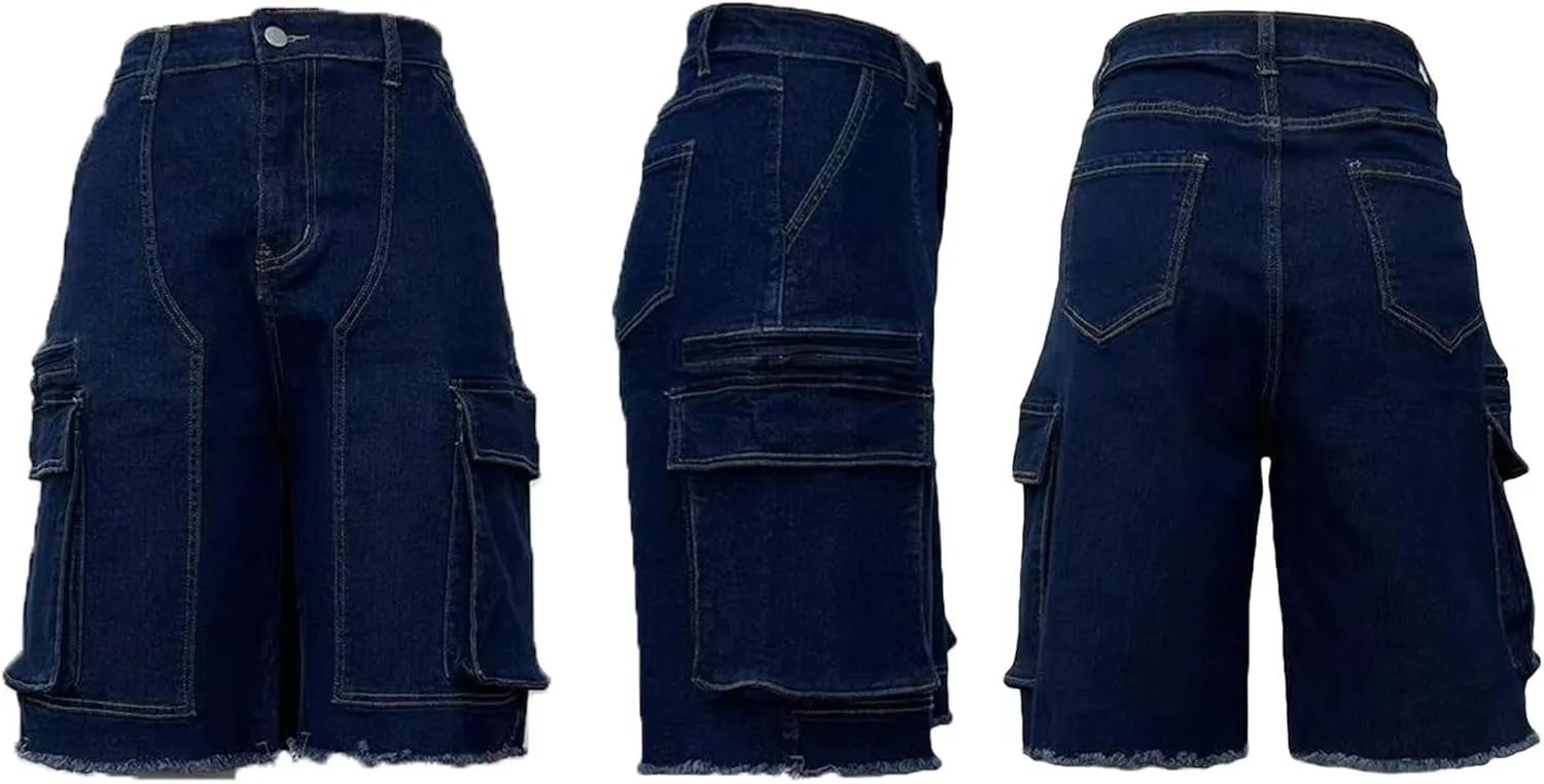 Womens Bermuda Cargo Jean Shorts High Waisted Pockets Ripped Raw Hem Street Denim Shorts