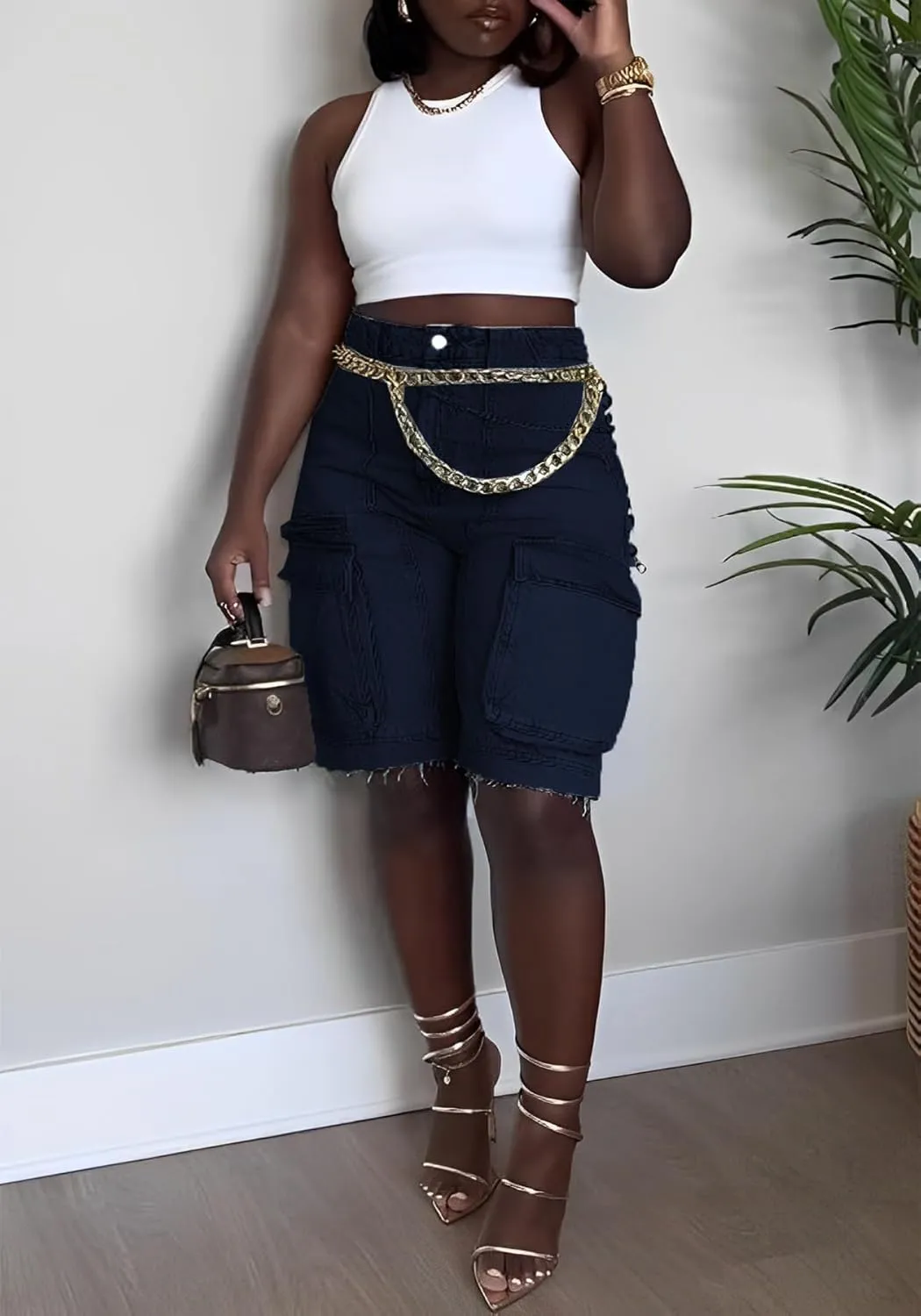 Womens Bermuda Cargo Jean Shorts High Waisted Pockets Ripped Raw Hem Street Denim Shorts