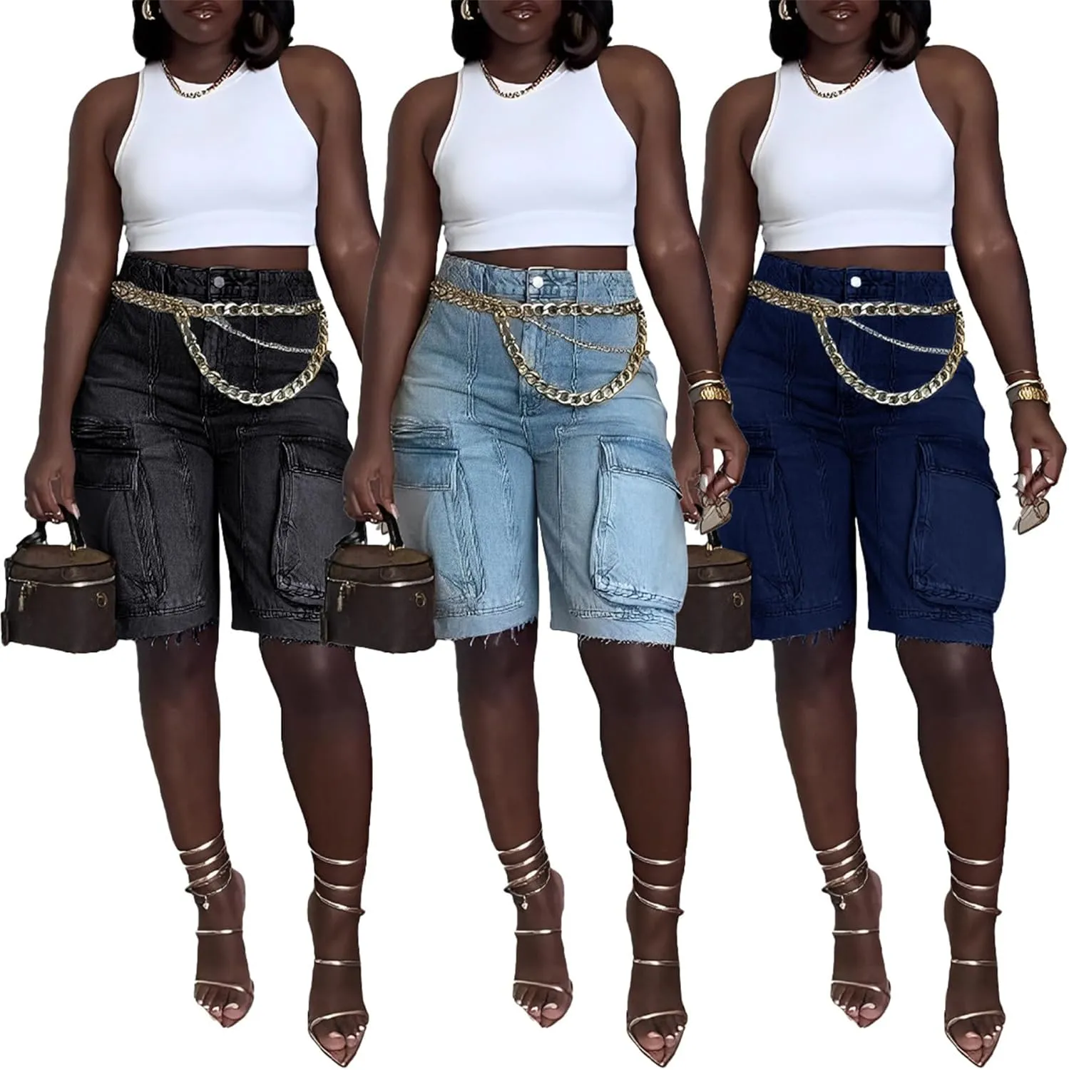 Womens Bermuda Cargo Jean Shorts High Waisted Pockets Ripped Raw Hem Street Denim Shorts
