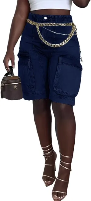 Womens Bermuda Cargo Jean Shorts High Waisted Pockets Ripped Raw Hem Street Denim Shorts
