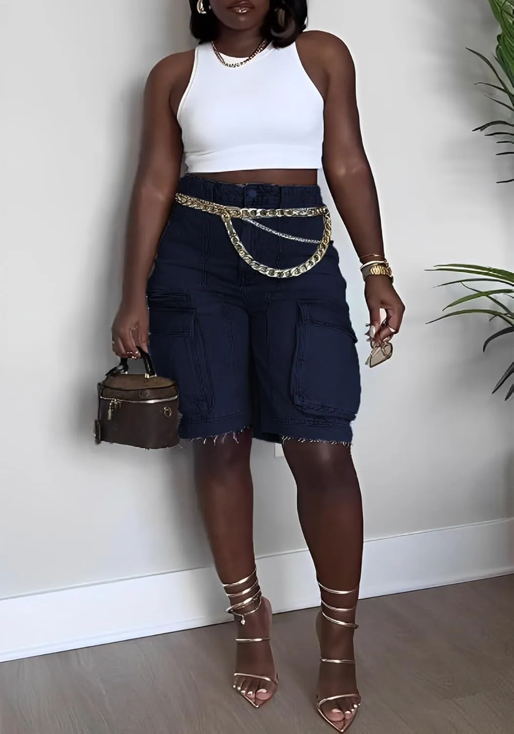 Womens Bermuda Cargo Jean Shorts High Waisted Pockets Ripped Raw Hem Street Denim Shorts