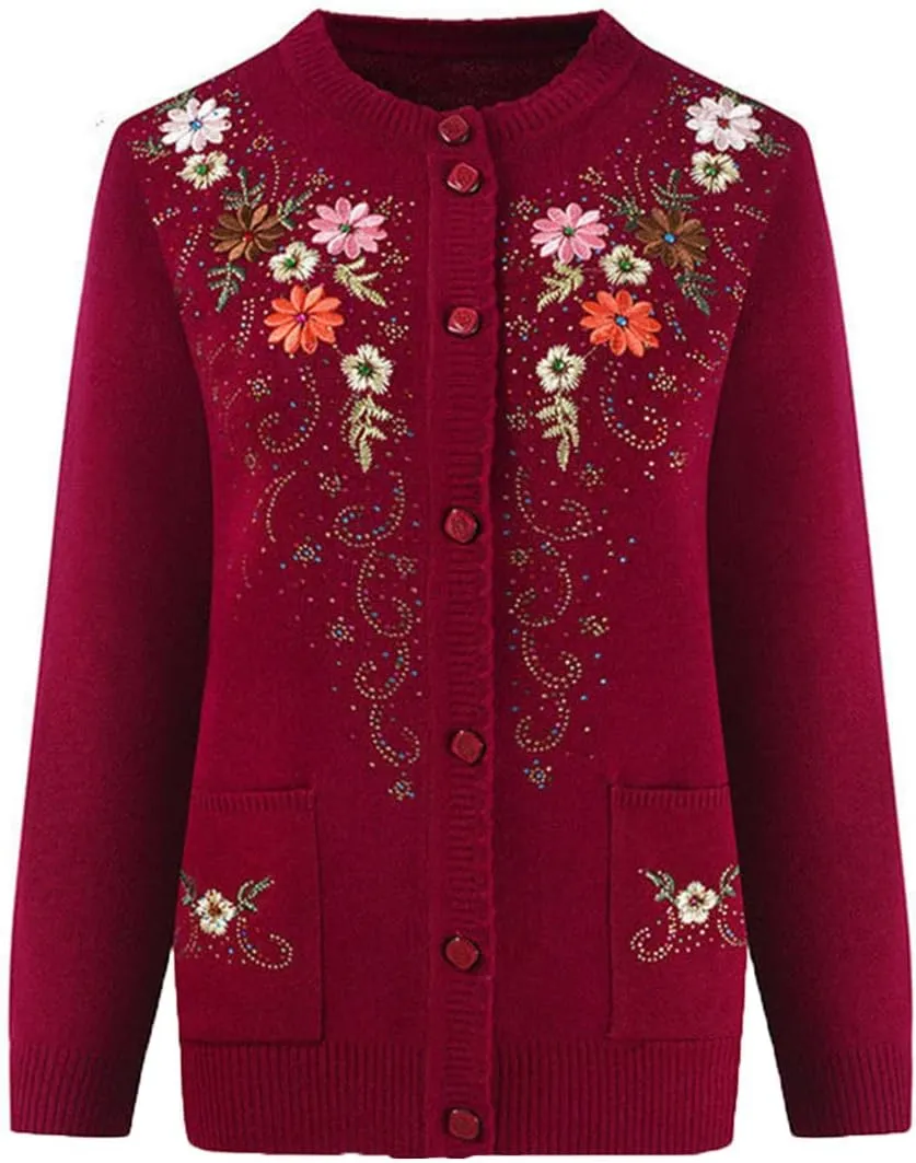 Women's Button Down Cardigan Sweaters Flower Embroidery Slim Thin Grandma Cable Knit Jackets with Pockets
