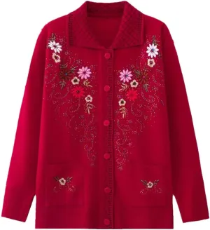 Women's Button Down Cardigan Sweaters Flower Embroidery Slim Thin Grandma Cable Knit Jackets with Pockets