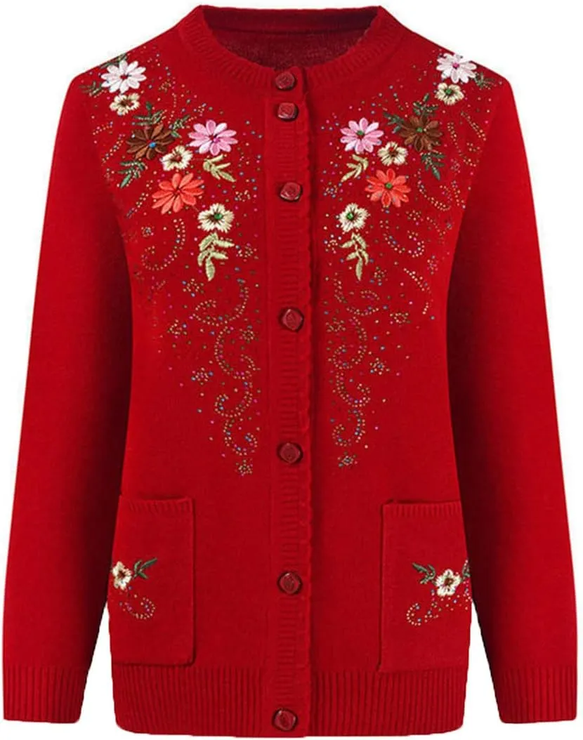 Women's Button Down Cardigan Sweaters Flower Embroidery Slim Thin Grandma Cable Knit Jackets with Pockets