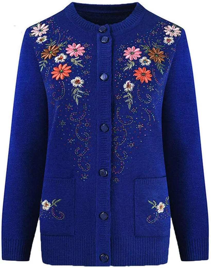Women's Button Down Cardigan Sweaters Flower Embroidery Slim Thin Grandma Cable Knit Jackets with Pockets
