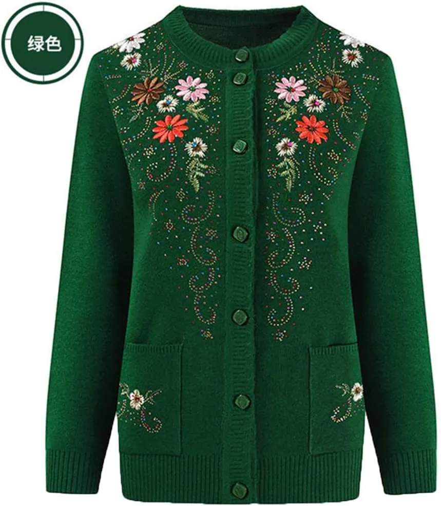 Women's Button Down Cardigan Sweaters Flower Embroidery Slim Thin Grandma Cable Knit Jackets with Pockets