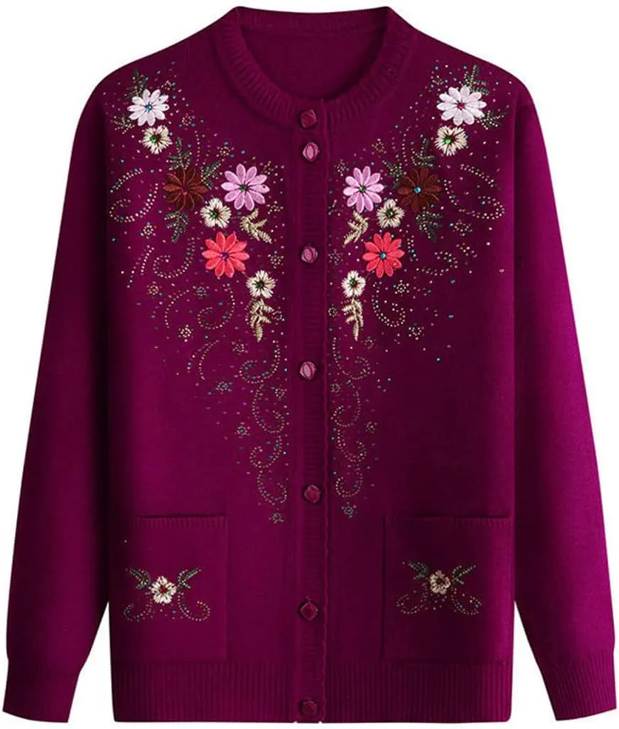 Women's Button Down Cardigan Sweaters Flower Embroidery Slim Thin Grandma Cable Knit Jackets with Pockets