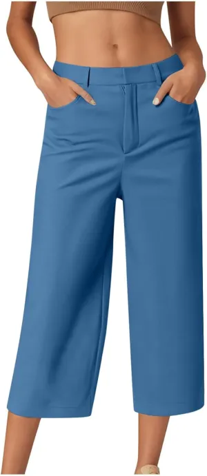 Womens Capri Pants Dressy Business Casual Dress Pants High Waisted Wide Leg Capris Summer Work Trousers with Pockets
