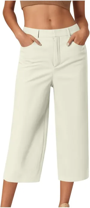 Womens Capri Pants Dressy Business Casual Dress Pants High Waisted Wide Leg Capris Summer Work Trousers with Pockets