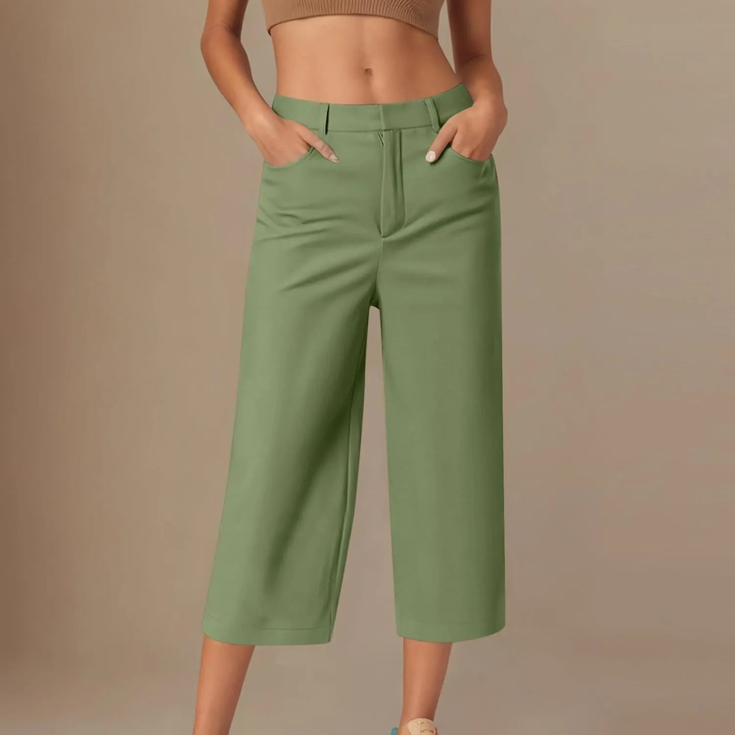 Womens Capri Pants Dressy Business Casual Dress Pants High Waisted Wide Leg Capris Summer Work Trousers with Pockets