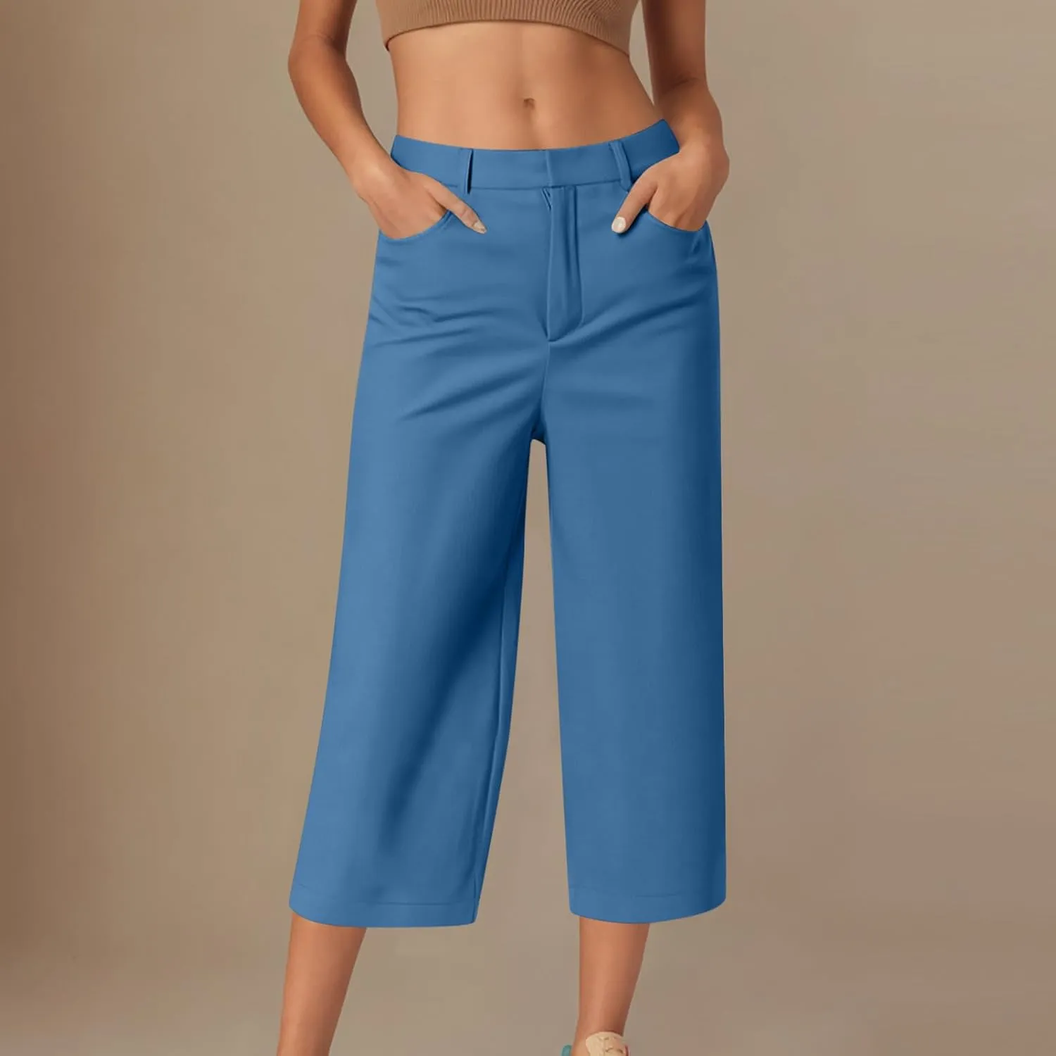 Womens Capri Pants Dressy Business Casual Dress Pants High Waisted Wide Leg Capris Summer Work Trousers with Pockets
