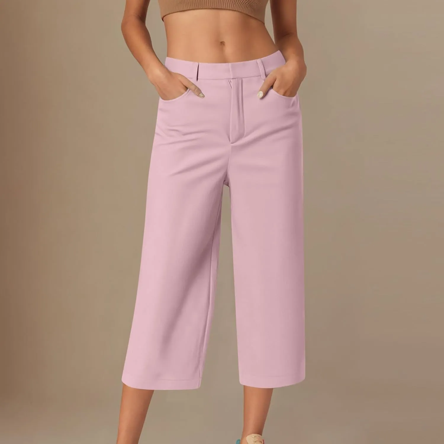 Womens Capri Pants Dressy Business Casual Dress Pants High Waisted Wide Leg Capris Summer Work Trousers with Pockets