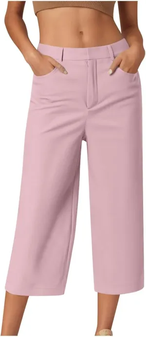 Womens Capri Pants Dressy Business Casual Dress Pants High Waisted Wide Leg Capris Summer Work Trousers with Pockets